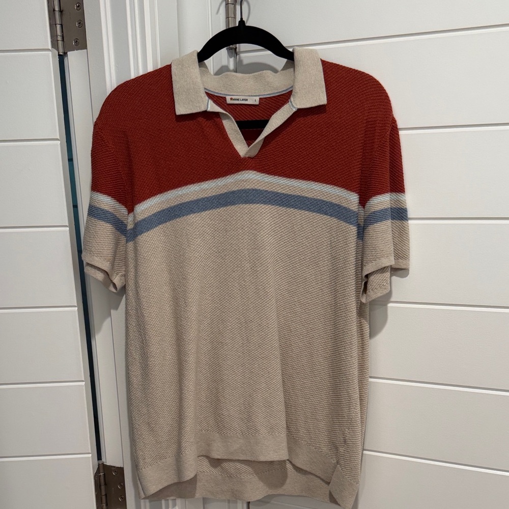 Marine Layer Red and Beige Knit Polo with Blue Trim